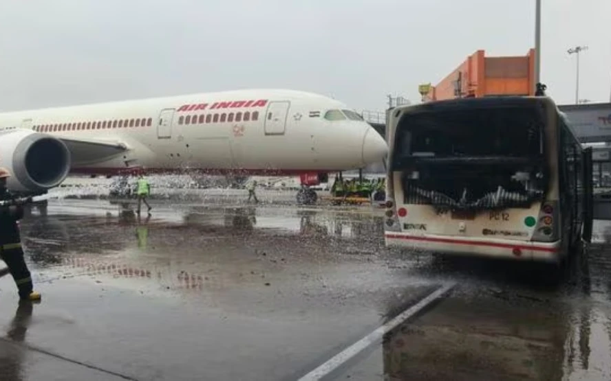 Bus Blaze Near Aircraft At Delhi Airport T3