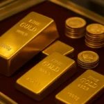 Gold bars and coins displayed in a Dubai jewellery market counter