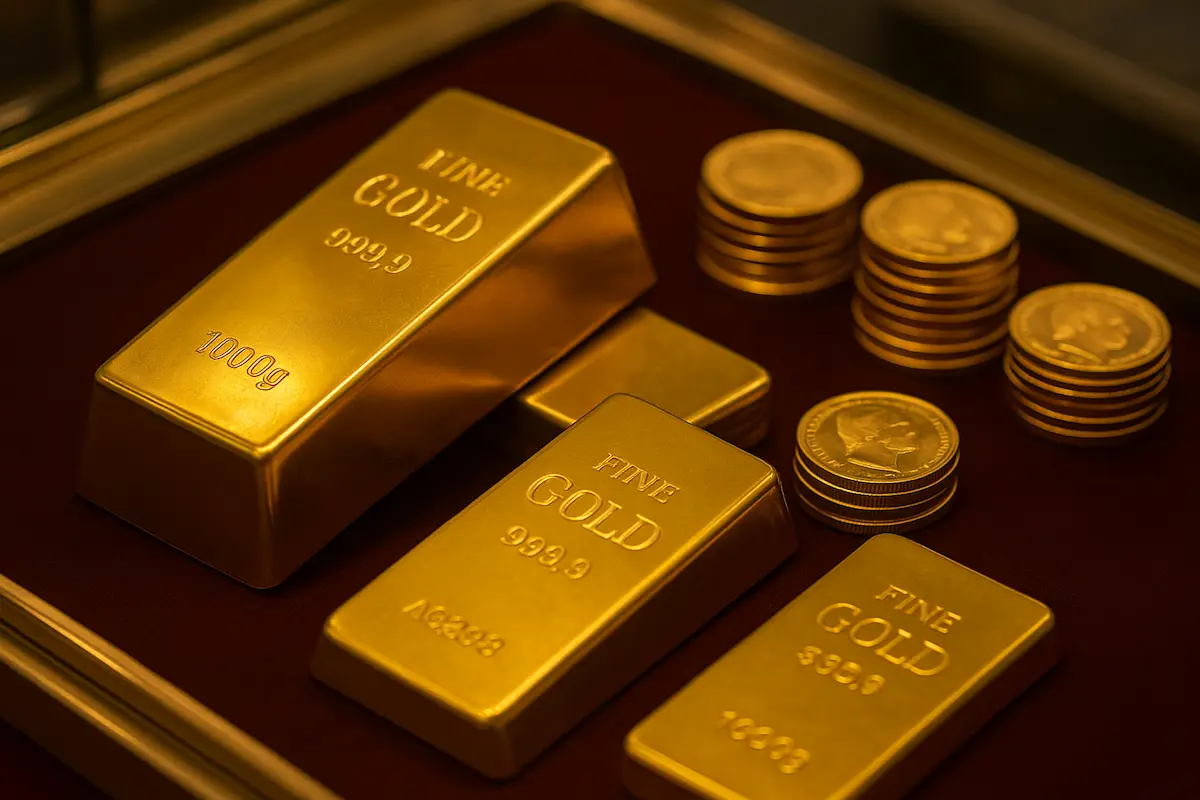Gold bars and coins displayed in a Dubai jewellery market counter