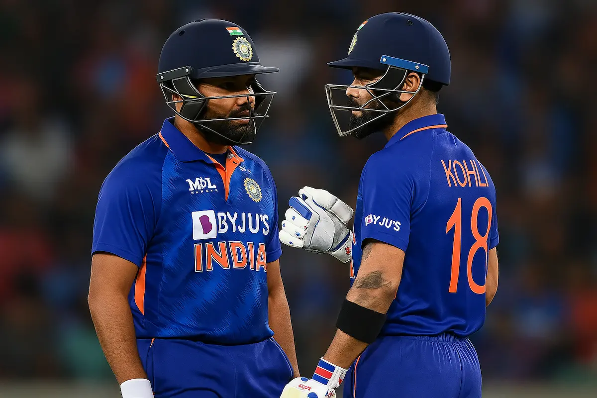 Rohit Sharma and Virat Kohli during an ODI match, discussing strategy on the field, India cricket team 2025. | Gulf repost