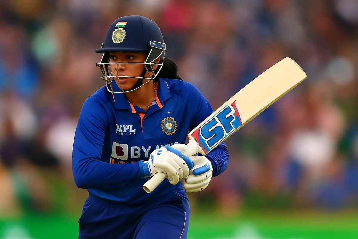 Smriti Mandhana playing a cover drive during an international match, showcasing her elegant left-handed batting technique. | Gulf repost