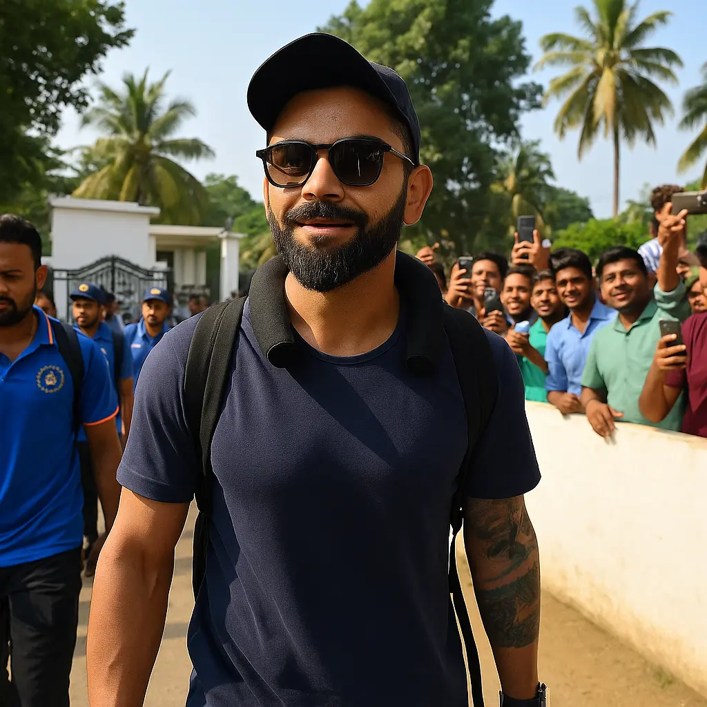 Virat Kohli arriving at MS Dhoni’s residence in Ranchi ahead of India vs South Africa ODI series, surrounded by fans and teammates. | Virat Kohli visits MS Dhoni