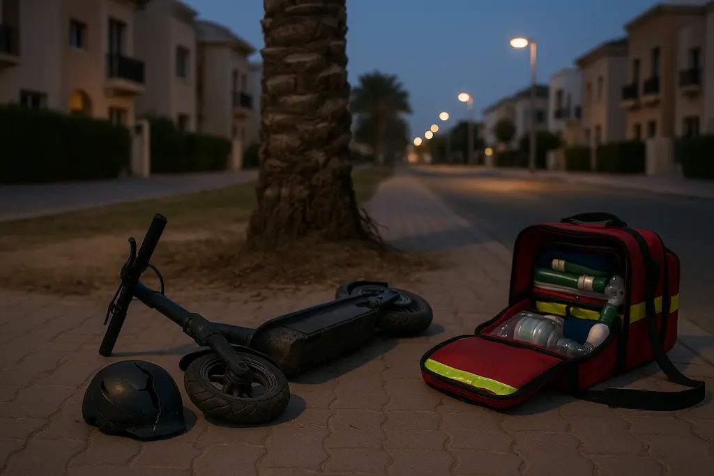 Dubai scooter crash three spinal fractures Talal Mohammad helmet