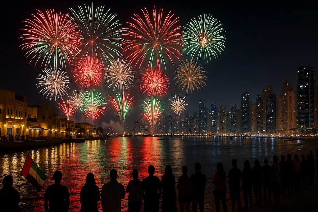 UAE National Day fireworks Dubai skies 2025 over Al Seef and JBR