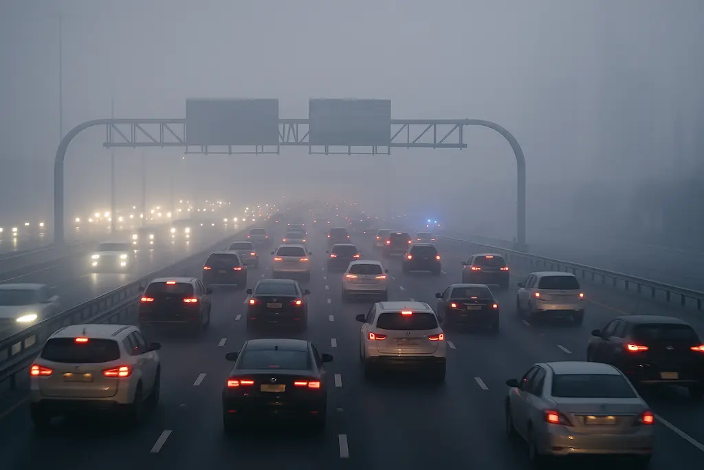 UAE traffic alert Sharjah Dubai route fog and congestion